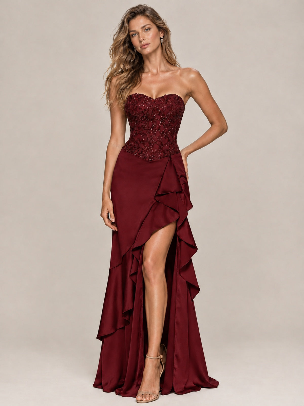 Strapless Lace Appliques Corset Satin Prom Dress Ruffle Slit Evening Gown