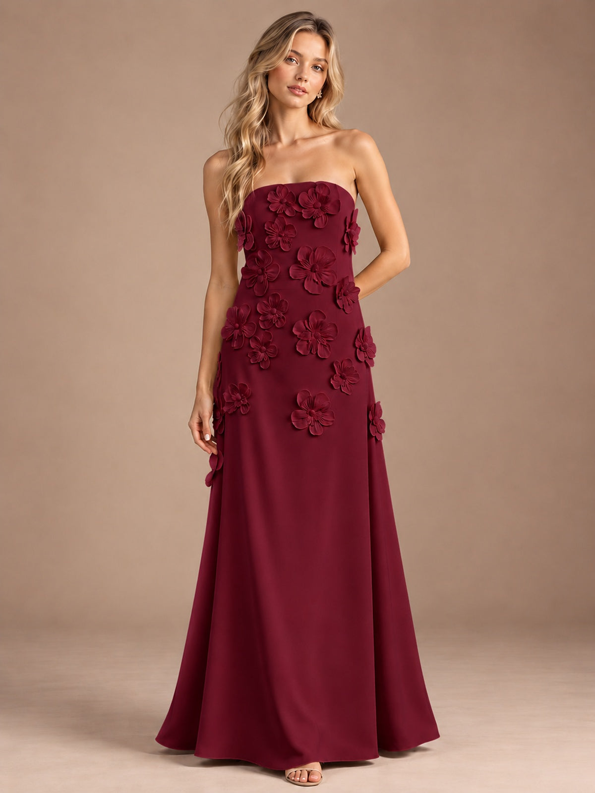 Burgundy-Strapless 3D Floral A-line Satin Prom Maxi Dress Formal Evening Gown