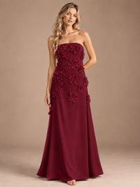 Burgundy-Strapless 3D Floral A-line Satin Prom Maxi Dress Formal Evening Gown