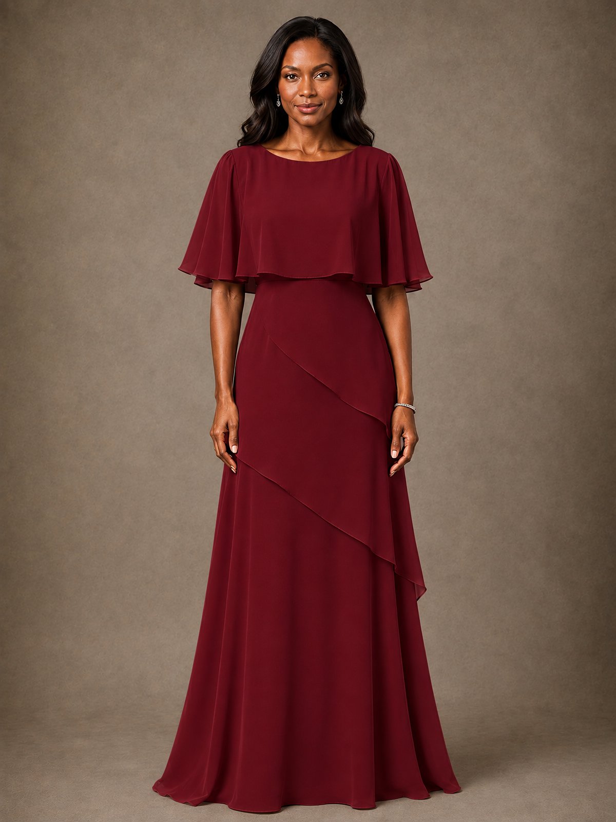Taupe Chiffon A-Line Mother of the Bride Dress with Cape Sleeves