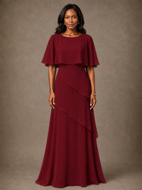 Taupe Chiffon A-Line Mother of the Bride Dress with Cape Sleeves