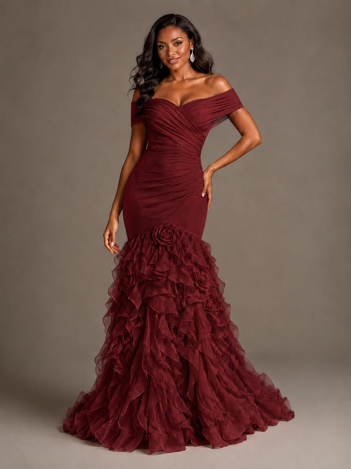 Pink Off-the-Shoulder Mermaid Prom Dress with Ruffles 3D Flowers