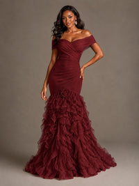 Pink Off-the-Shoulder Mermaid Prom Dress with Ruffles 3D Flowers