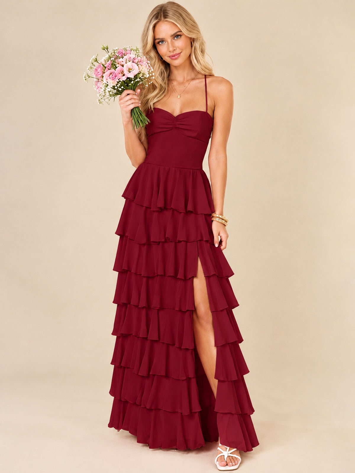 Ruffled Tiered Chiffon Prom Dress Spaghetti Straps Formal Maxi Dress with Slit