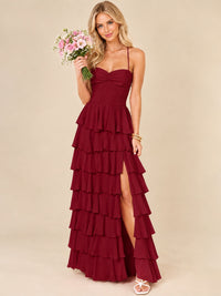 Ruffled Tiered Chiffon Prom Dress Spaghetti Straps Formal Maxi Dress with Slit