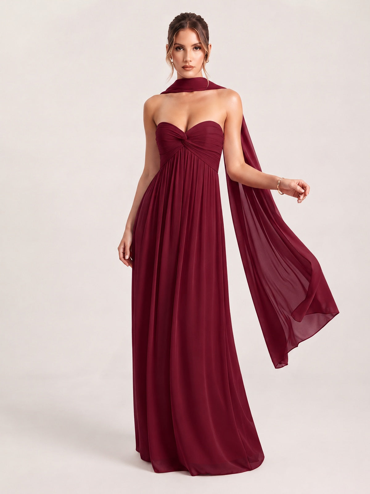 Burgundy Strapless Ruched Chiffon Long Prom Dress with Scarf A-line Sweetheart Ruffled Formal Wedding Guest Dress Evening Gown