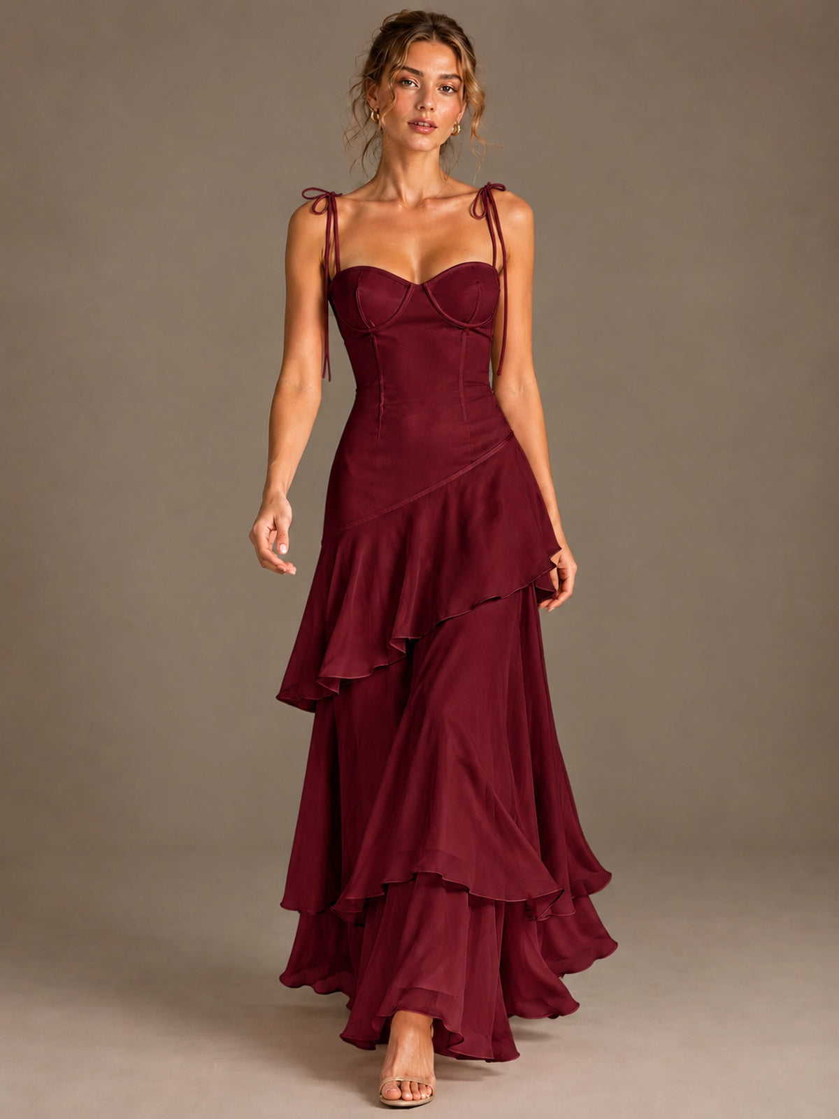 Spaghetti Strap Tiered Ruffles Chiffon Prom Dress