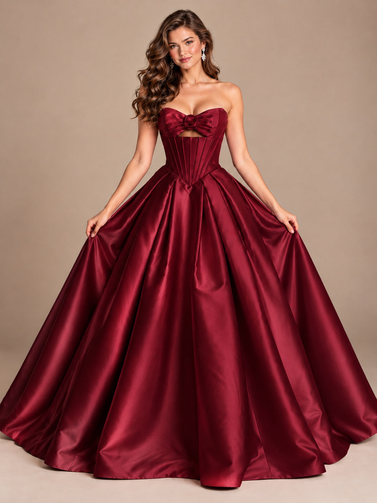 Pink Strapless Corset Satin Prom Derss & Ball Gown with 3D Floral