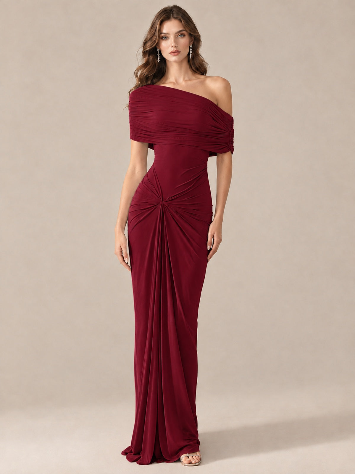 Elegant Draped Off Shoulder Ruched Mermaid Chiffon Formal Evening Gown