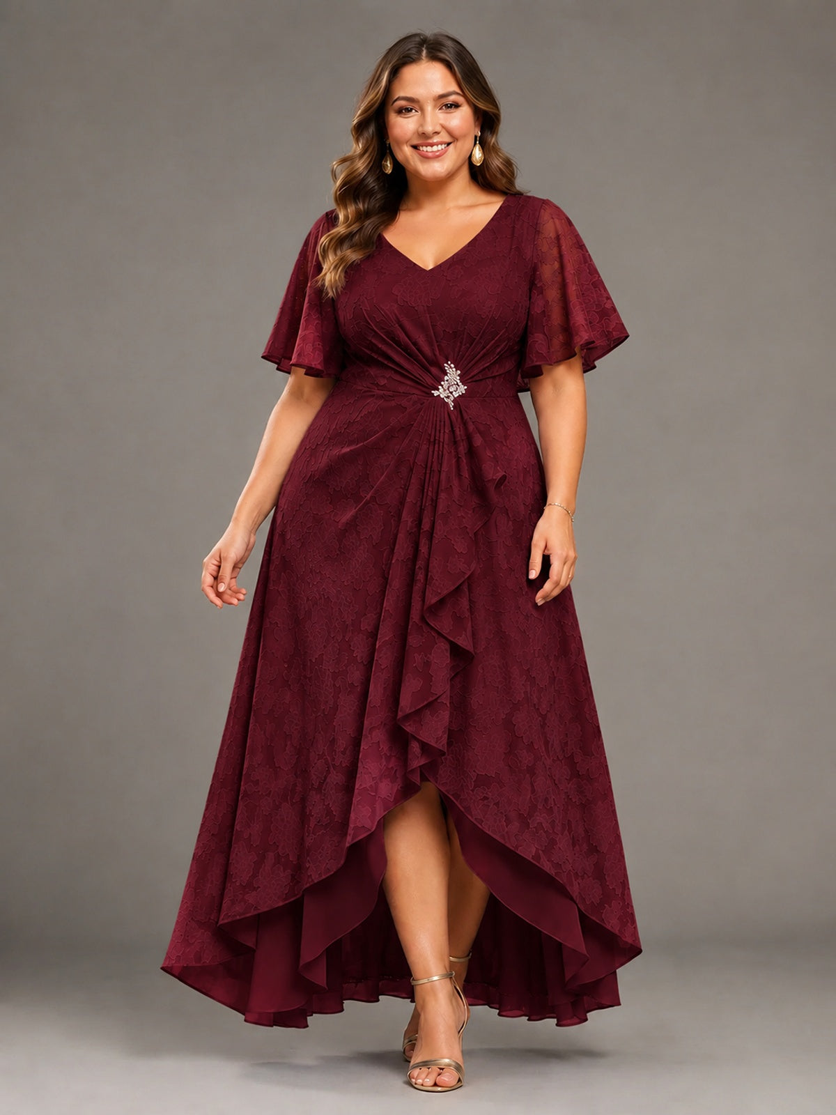 Jacquard Chiffon A-Line V-Neck High-Low Mother of the Bride Dress