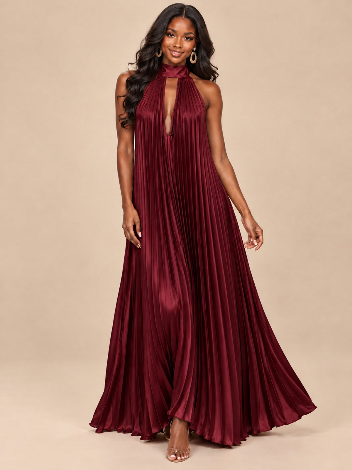 Rust Orange Pleated Halter Neck Maxi Dress