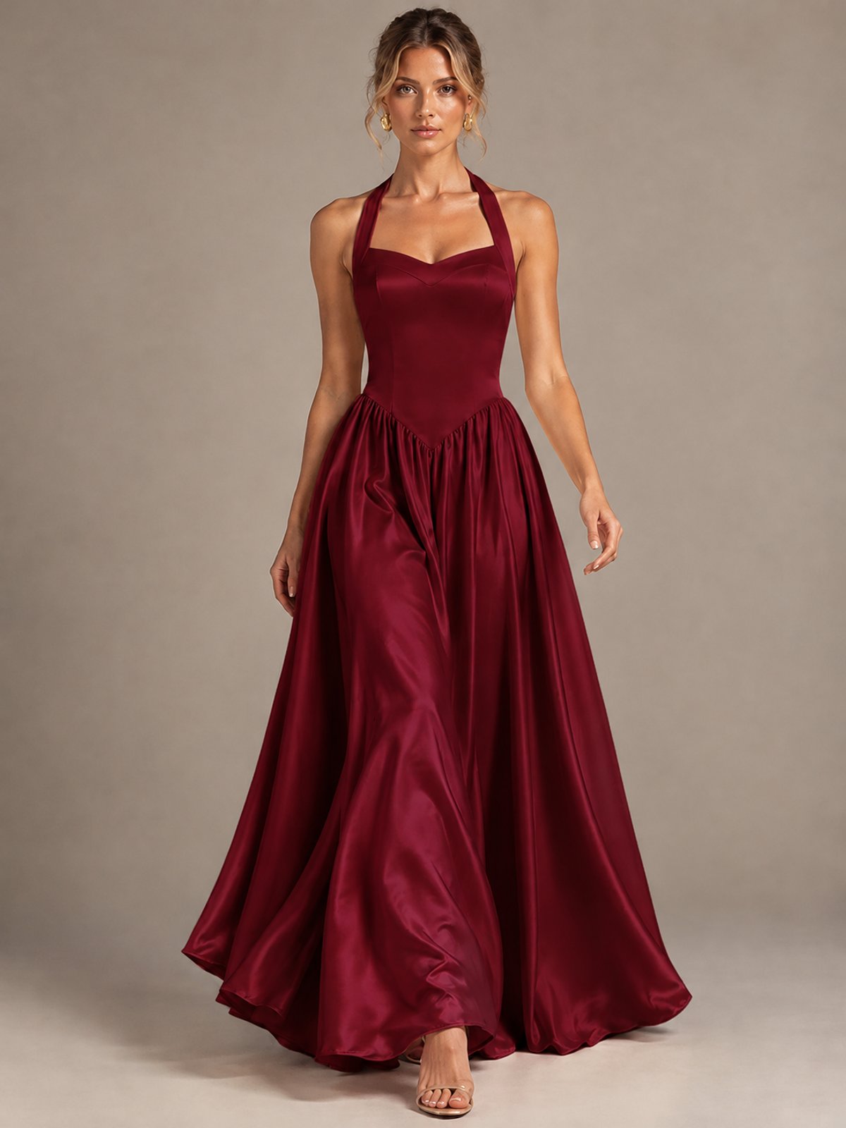 Light Yellow Halter Neck Satin A-Line Maxi Dress with Pockets