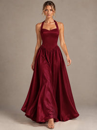 Light Yellow Halter Neck Satin A-Line Maxi Dress with Pockets