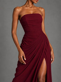 Strapless Bodycon Pleated Chiffon Formal Dress with Slit