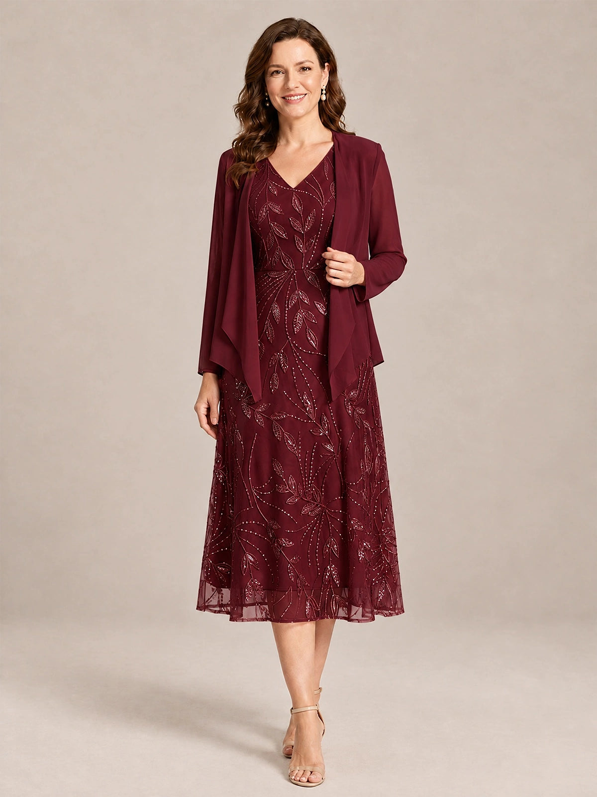 Burgundy-2 Piece Lace Appliques Chiffon Mother of The Bride Dress with Sequin