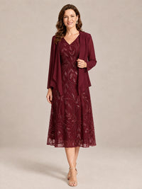 Burgundy-2 Piece Lace Appliques Chiffon Mother of The Bride Dress with Sequin