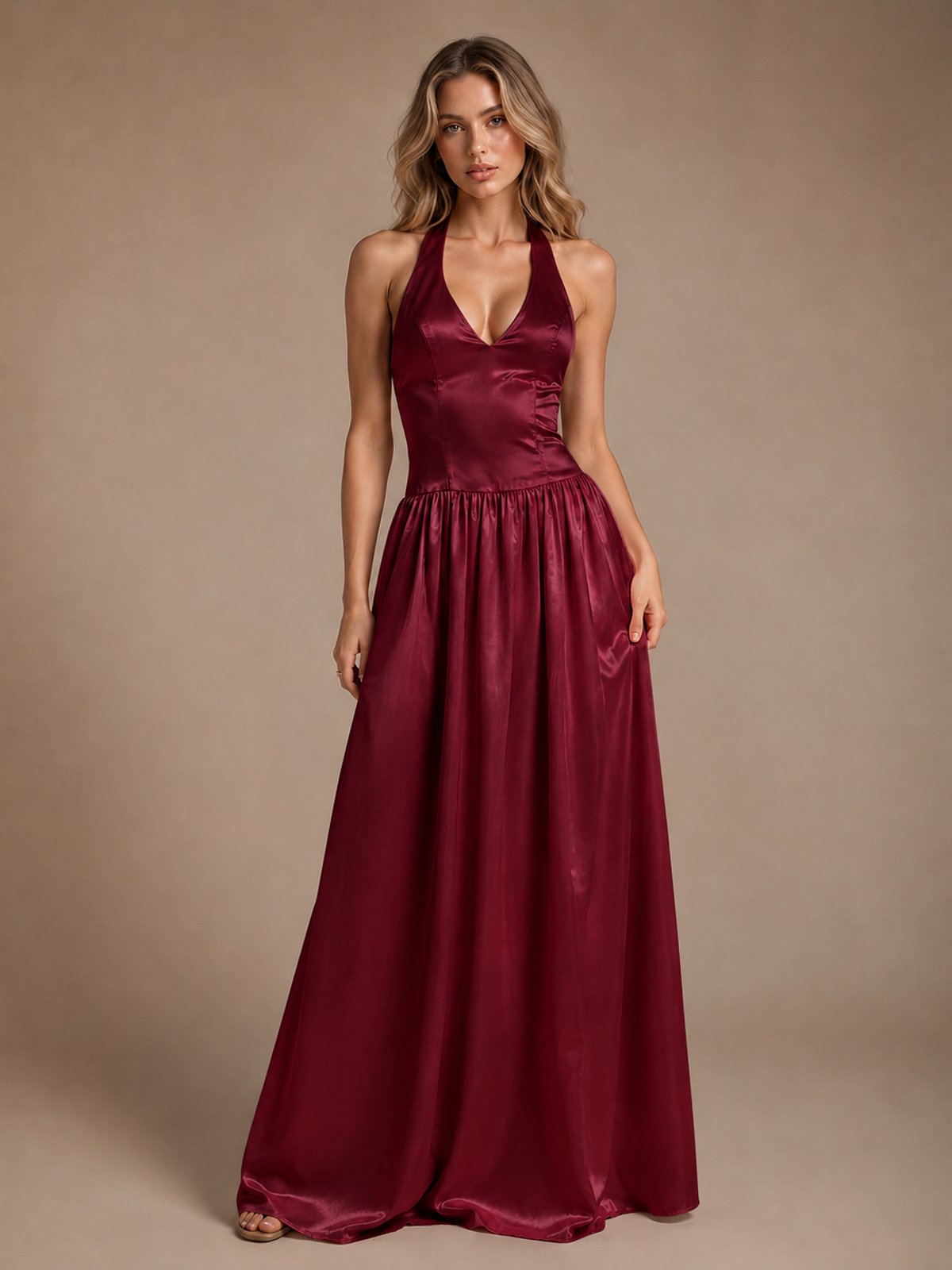 Pink V Neck Halter Satin Maxi Dress