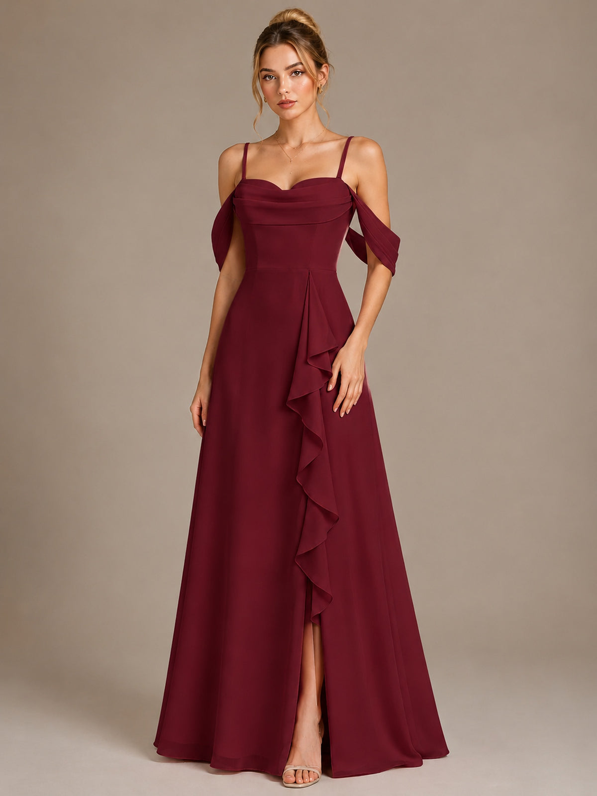 Spaghetti Strap Chiffon Bridesmaid Dress with Ruffles Slit