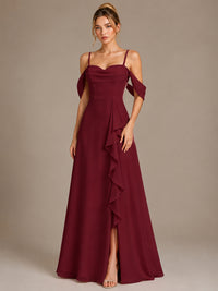 Spaghetti Strap Chiffon Bridesmaid Dress with Ruffles Slit