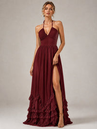 Halter V Neck Chiffon Formal Dress with Lace-Up Back and Ruffle Hem