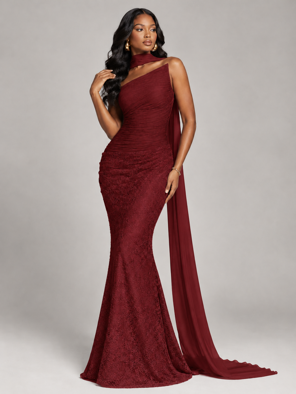 Pleated Chiffon Lace Prom Dresses Long Bodycon Mermaid with Scarf