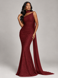 Pleated Chiffon Lace Prom Dresses Long Bodycon Mermaid with Scarf