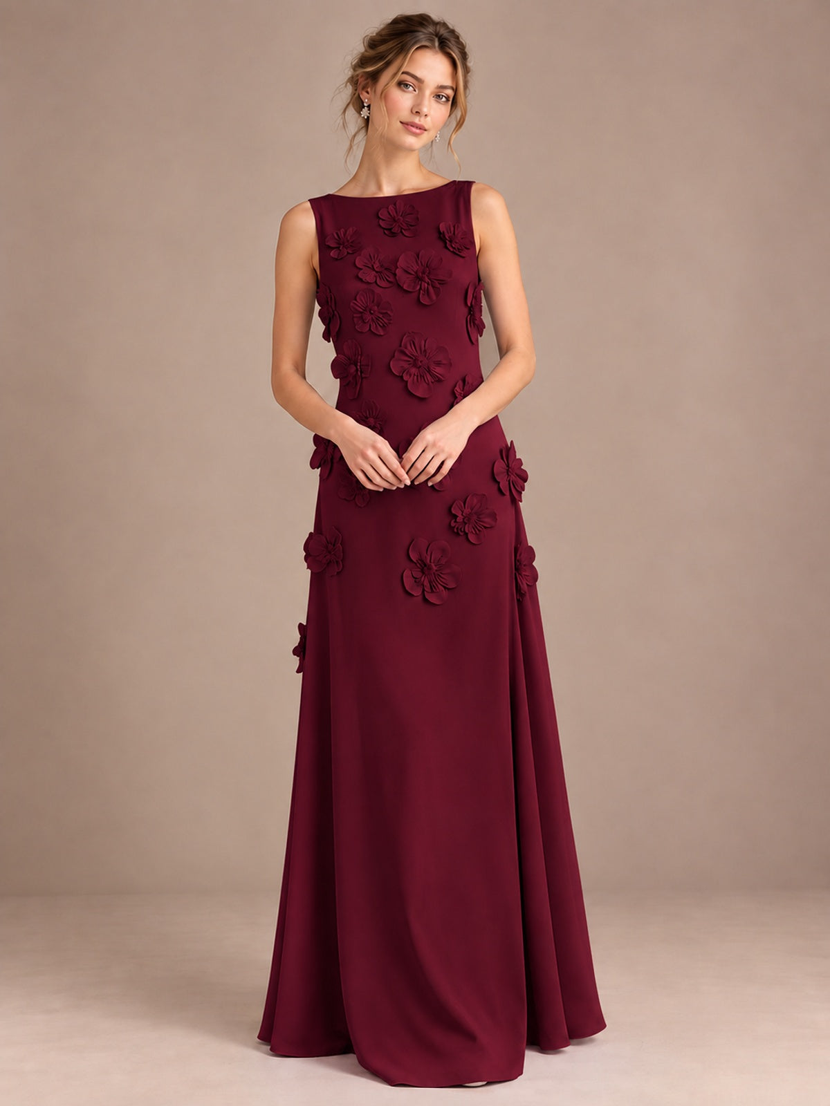 3D Floral Applique Sleeveless Formal Maxi Dress