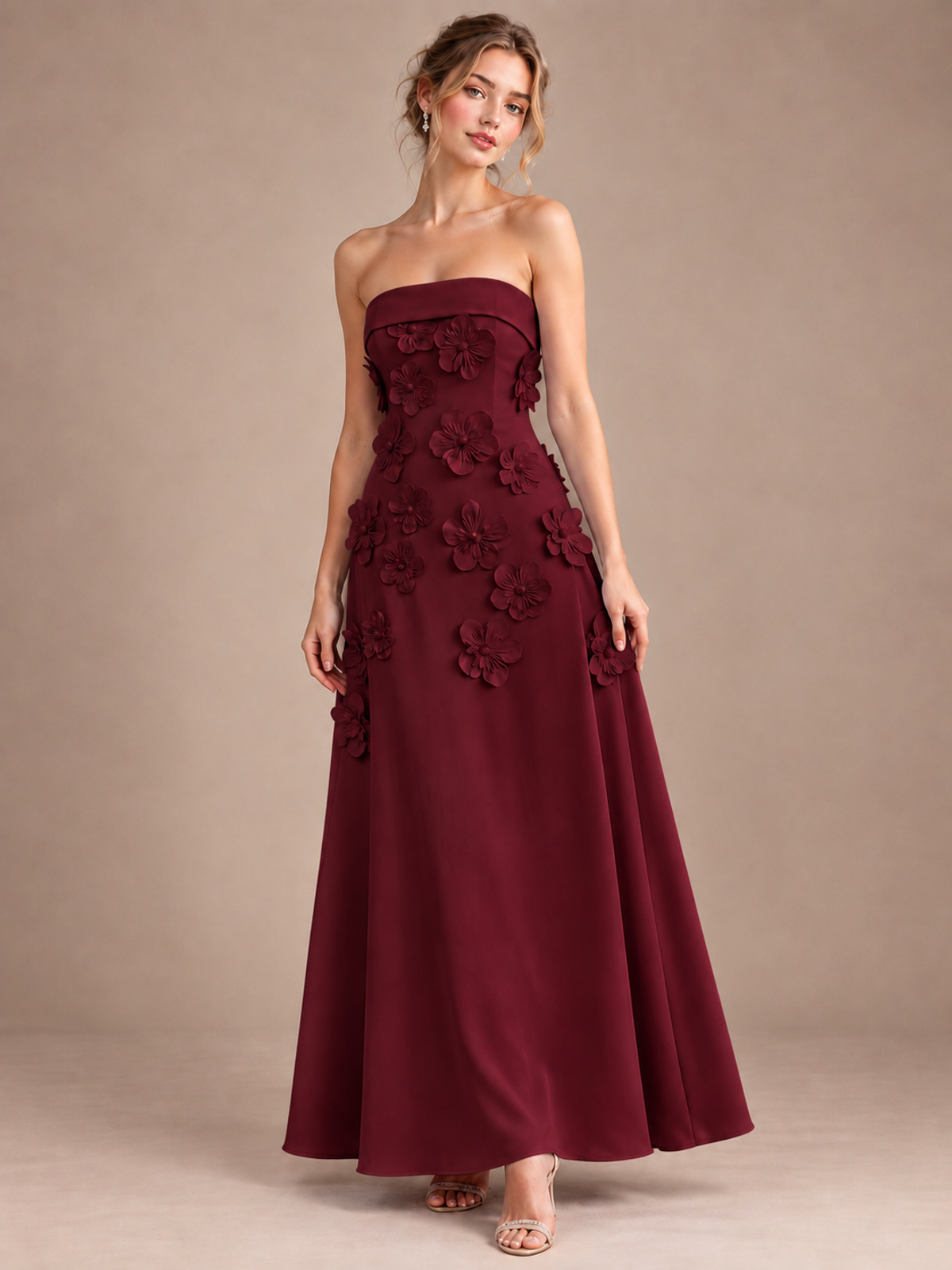 Burgundy Strapless 3D Floral Appliques Maxi Dress