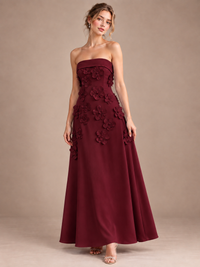 Burgundy Strapless 3D Floral Appliques Maxi Dress