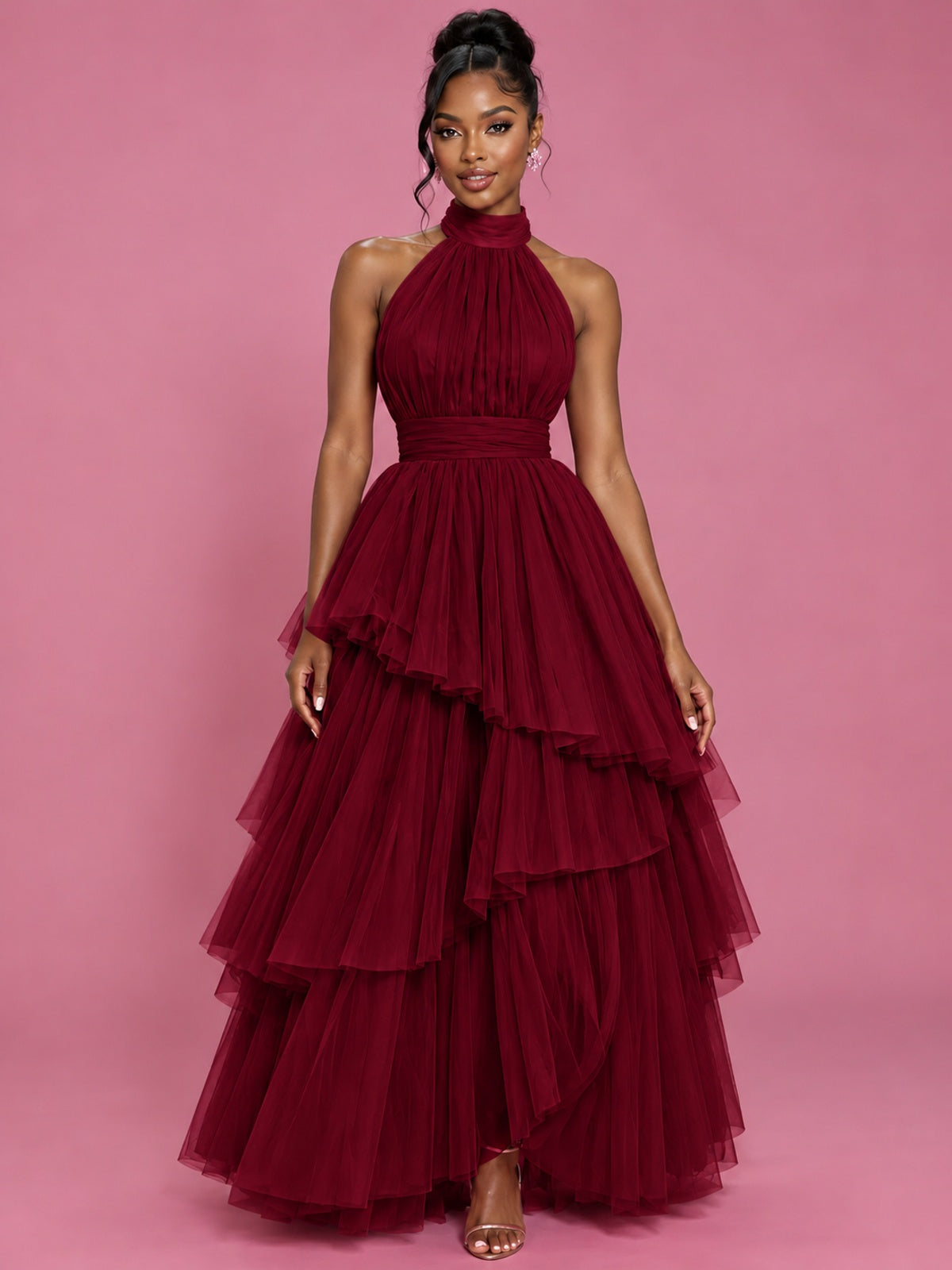Hot Pink Tulle Halter Neck Tiered Ruffle Maxi Dress