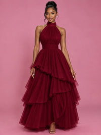 Hot Pink Tulle Halter Neck Tiered Ruffle Maxi Dress