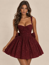 Sweetheart Glitter Tulle Puffy Mini Dress with Bow