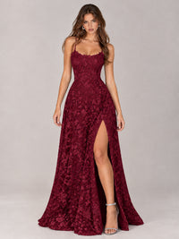 Floral Lace A-Line Prom Dress with Spaghetti Straps & High Slit