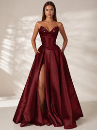 Burgundy Strapless Corset Satin Prom Dress Long Evening Gown with High Slit
