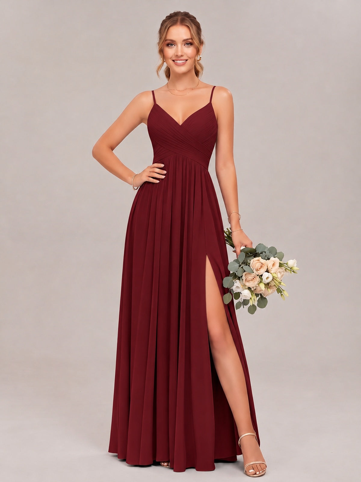 Burgundy Spaghetti Straps Pleated Chiffon Bridesmaid Dress with Slit V-Neck A-line Long Formal Evening Wedding Guest Gown