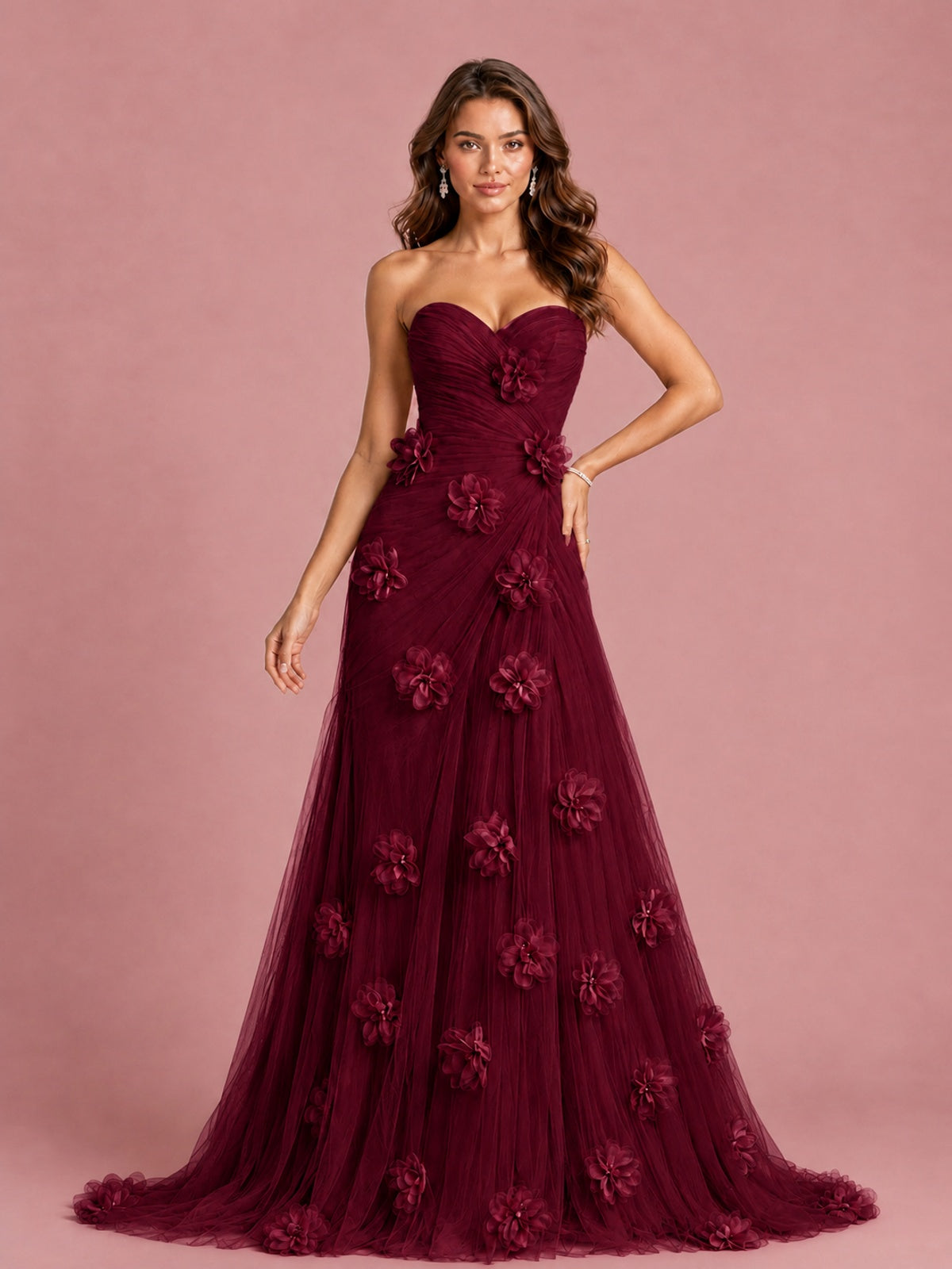 3D Floral Applique Strapless Tulle Prom Dress with High Slit