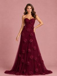 3D Floral Applique Strapless Tulle Prom Dress with High Slit