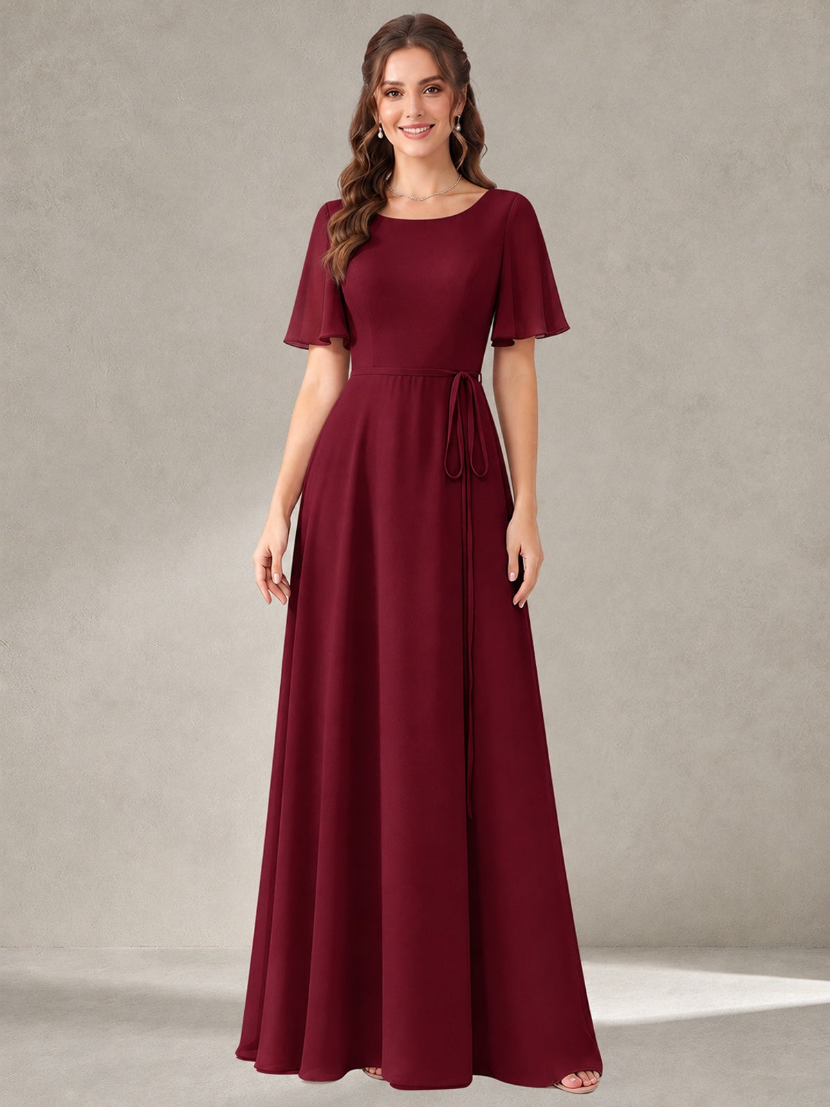 Burgundy Scoop Neck A-line Chiffon Bridesmaid Dress with Belt Flutter Sleeve Formal Wedding Guest Dress Evening Gown