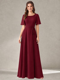 Burgundy Scoop Neck A-line Chiffon Bridesmaid Dress with Belt Flutter Sleeve Formal Wedding Guest Dress Evening Gown