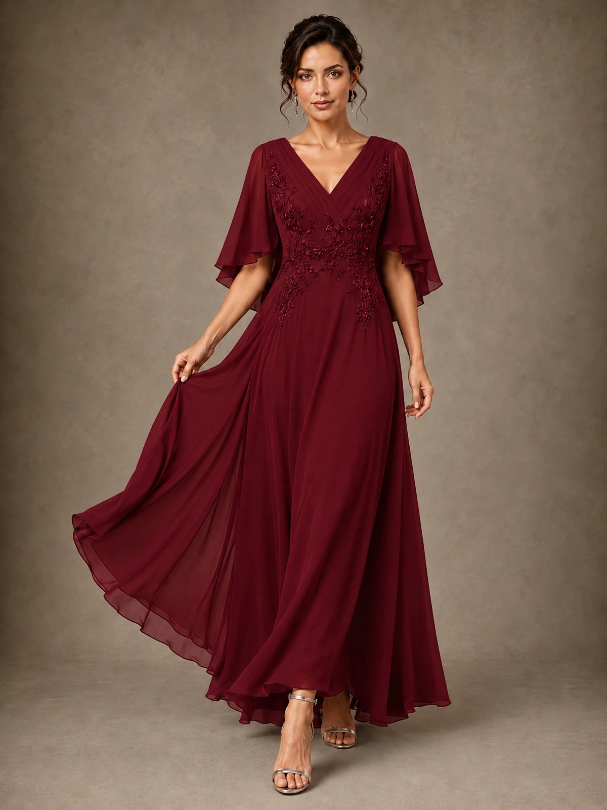 V-Neck Chiffon Lace Mother of the Bride Dress with Flutter Sleeves
