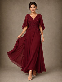 V-Neck Chiffon Lace Mother of the Bride Dress with Flutter Sleeves