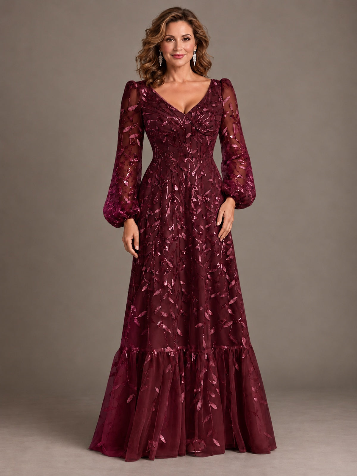 Floral Sequin Embroidered A-Line Mother of the Bride Dress with Long Sleeves