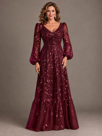 Floral Sequin Embroidered A-Line Mother of the Bride Dress with Long Sleeves