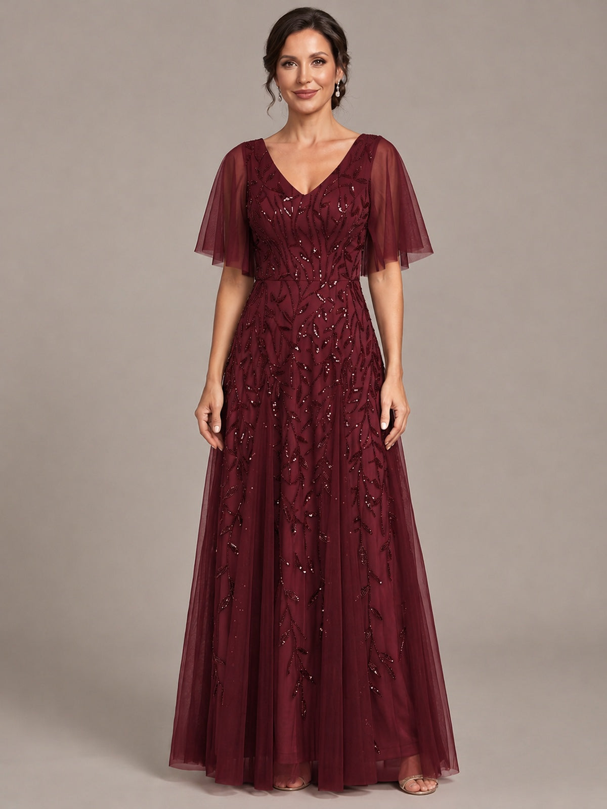 Burgundy V-Neck Sequin Tulle Mother of the Bride Dress with Flutter Sleeve A-line Evening Formal Wedding Guest Dress