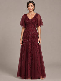 Burgundy V-Neck Sequin Tulle Mother of the Bride Dress with Flutter Sleeve A-line Evening Formal Wedding Guest Dress