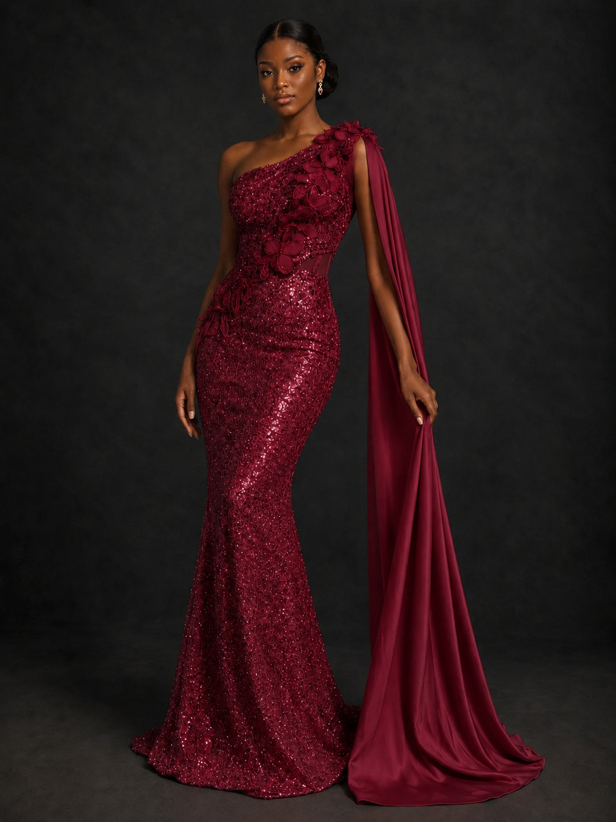 Gold Sequin One Shoulder Mermaid Prom Dress with Cape