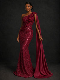 Gold Sequin One Shoulder Mermaid Prom Dress with Cape