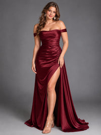 Off Shoulder Satin Maxi Dress with Slit