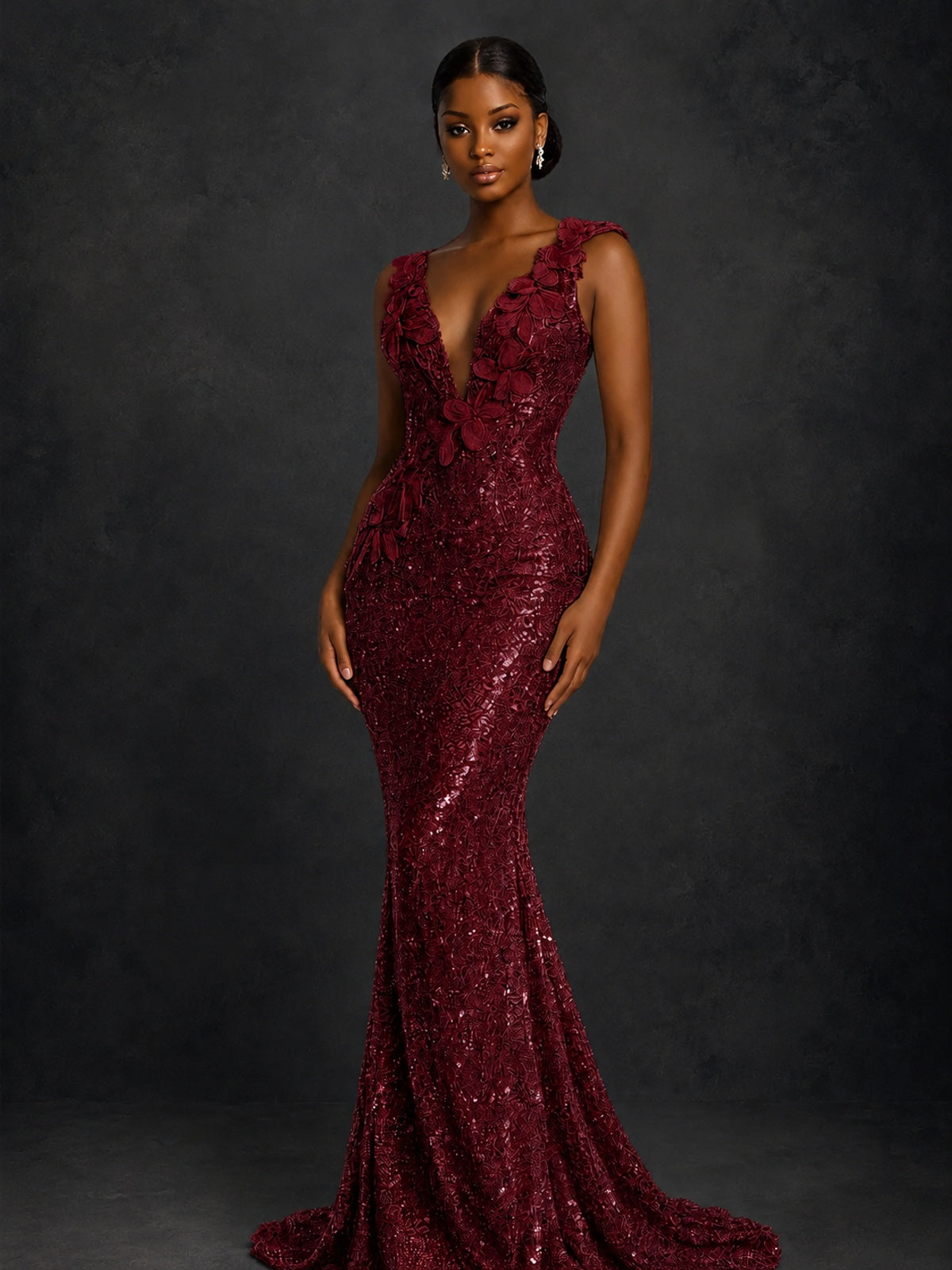 Gold Sequin Floral Applique Mermaid Prom Dress