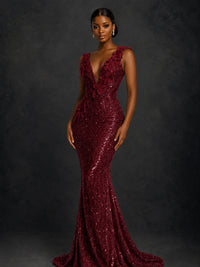 Gold Sequin Floral Applique Mermaid Prom Dress